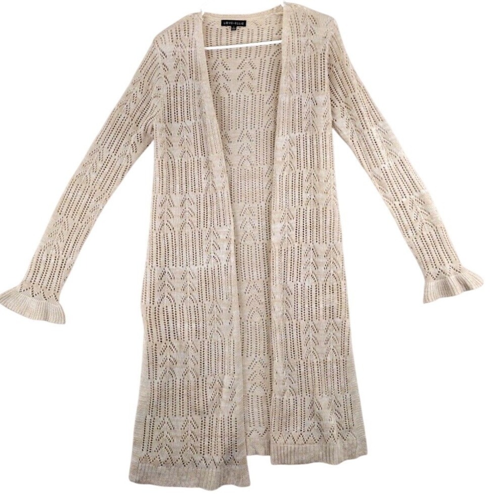 LOVE ELLIE Beige Knit Longline Cardigan Open‎ Front Ruffle Sleeve Size S